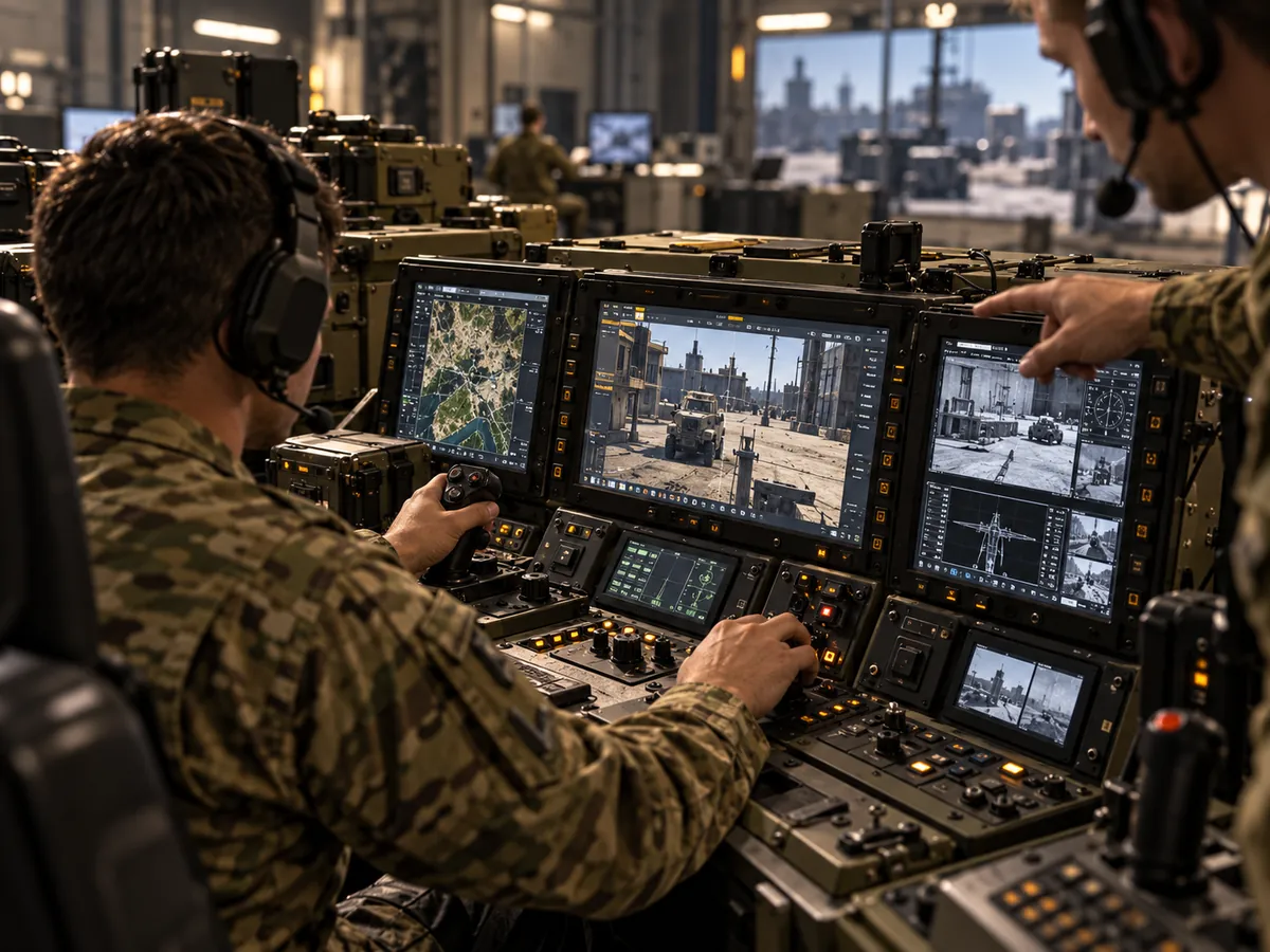 Operator using a console of physical controls and screens in a simulator.