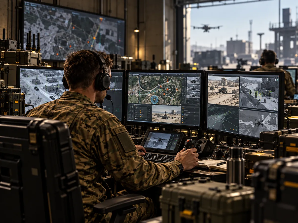 Operator at a multi-screen monitoring station showing maps and video feeds.