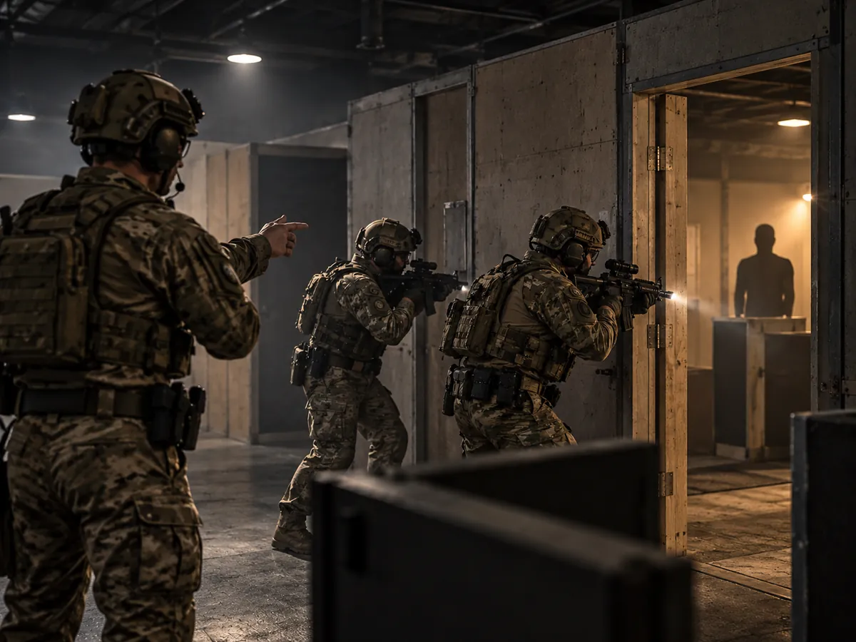 Trainees clearing a room inside an indoor training facility.