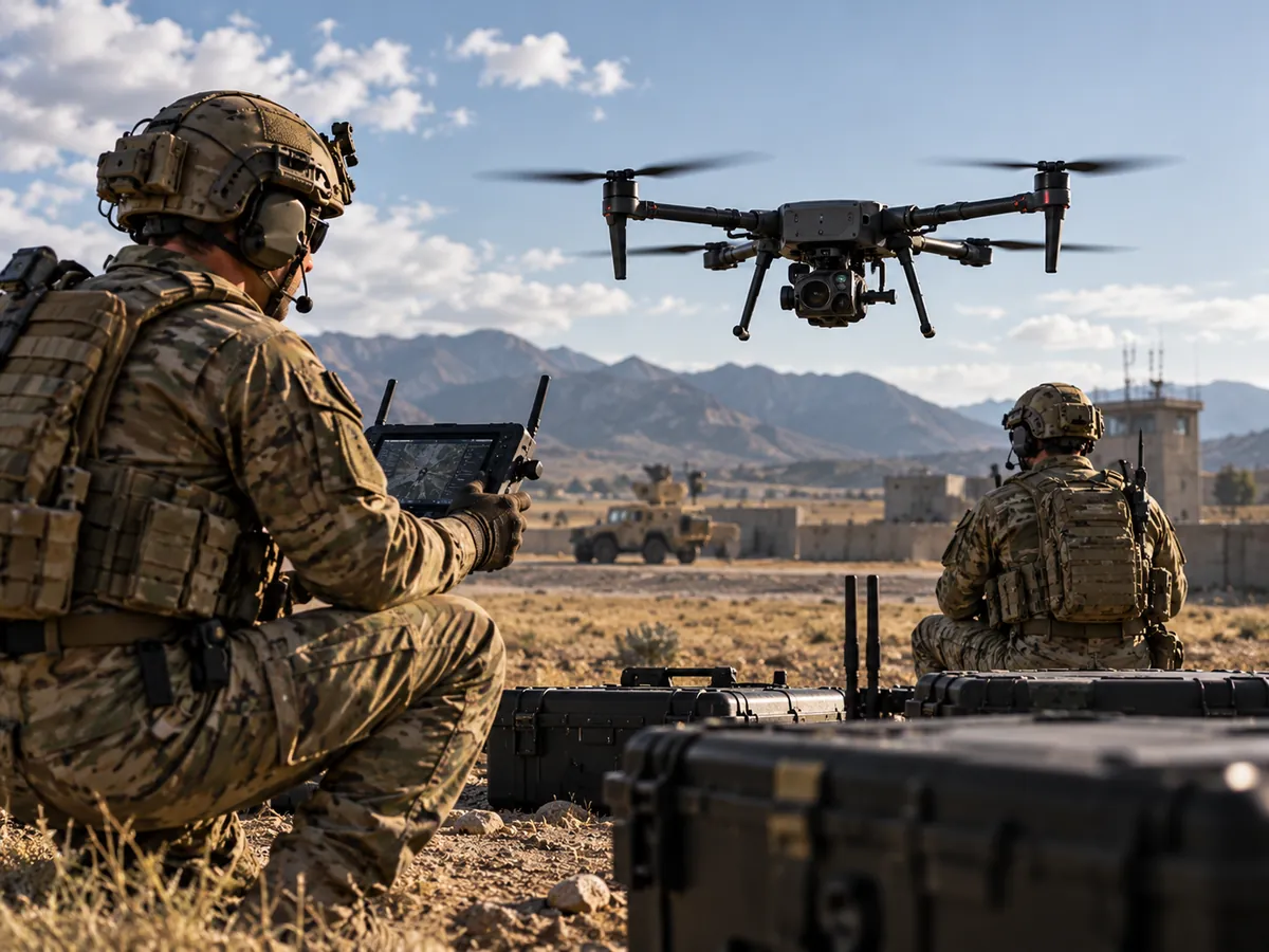 UAS operator with a handheld ground control station in open terrain.