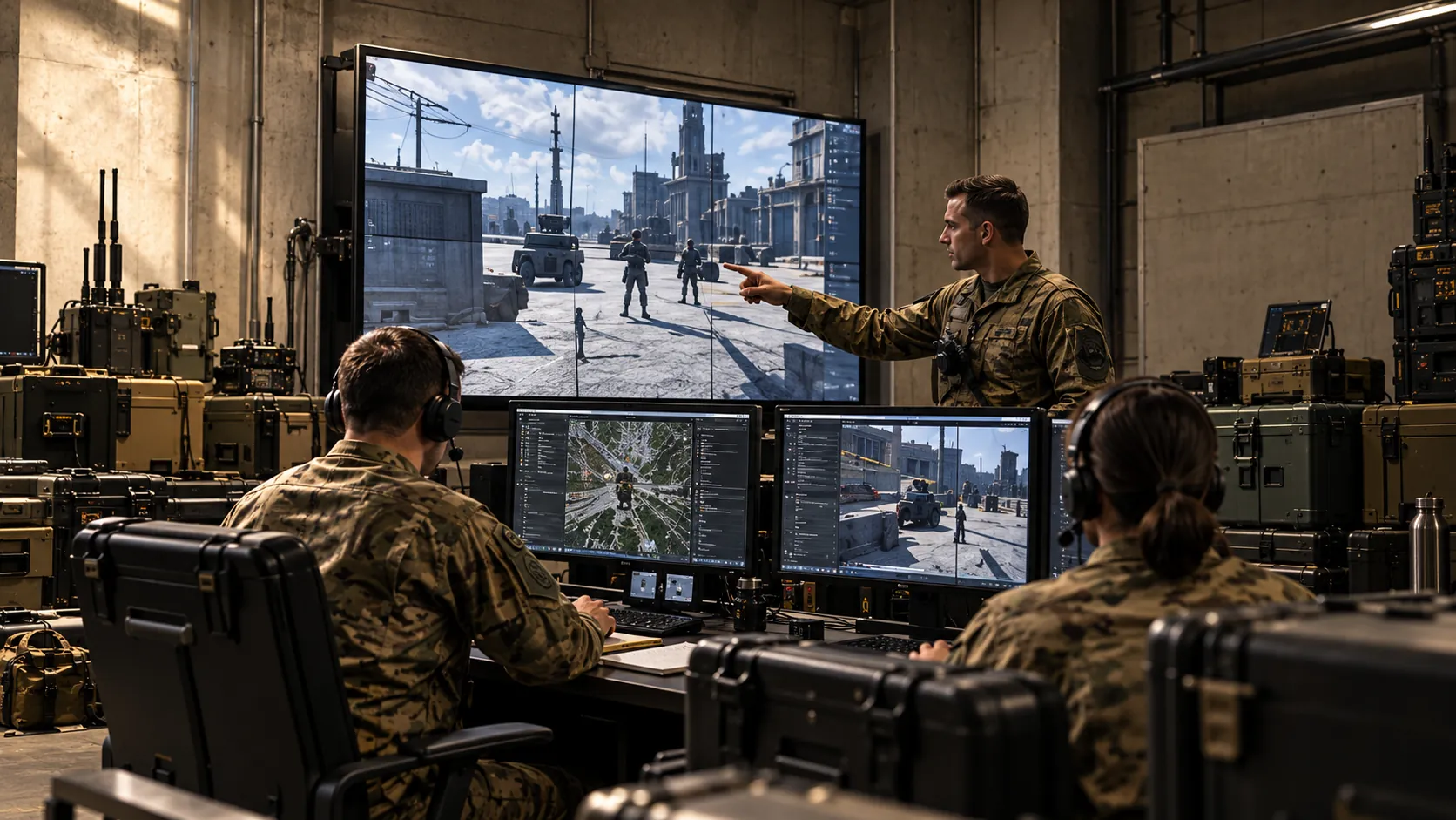 Instructor directing operators at simulation workstations in a training control room.
