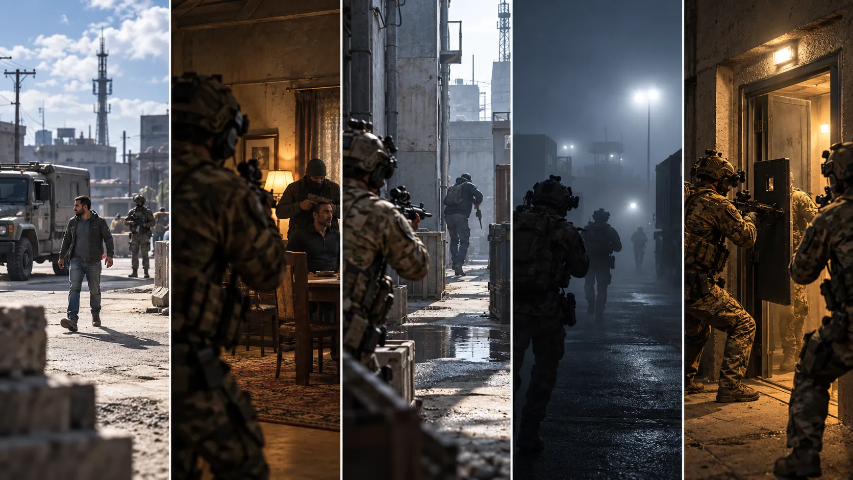 The same training environment shown in five runs: civilian presence, a hostage situation, an armed subject, low visibility and an active secondary entry.