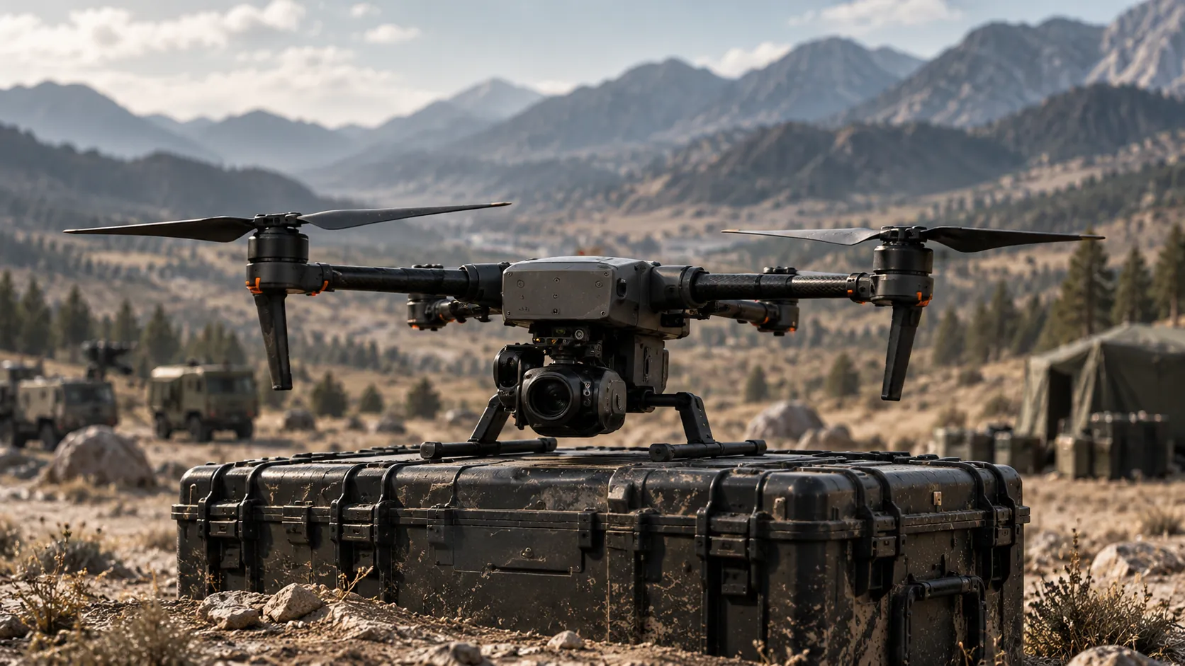 Quadcopter UAS resting on a rugged transport case in mountainous terrain.